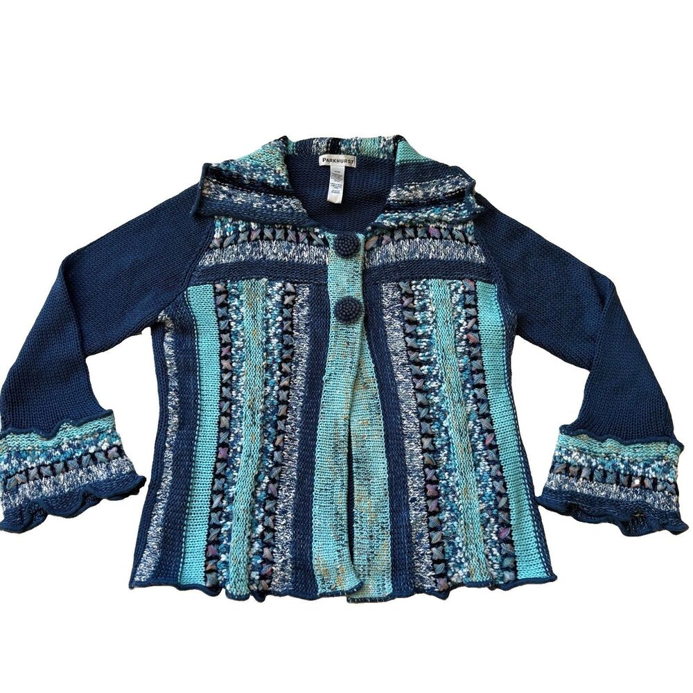 Parkhurst Knit Cardigan Womens M Hippie Boho Bell Sleeve Sweater Multicolor Blue